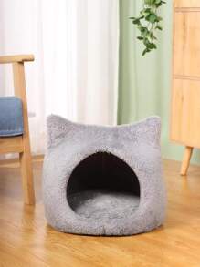 1pc Plush Cat Ear Design Shaped Pet Bed For Cat For Sleeping - Grey - View 3