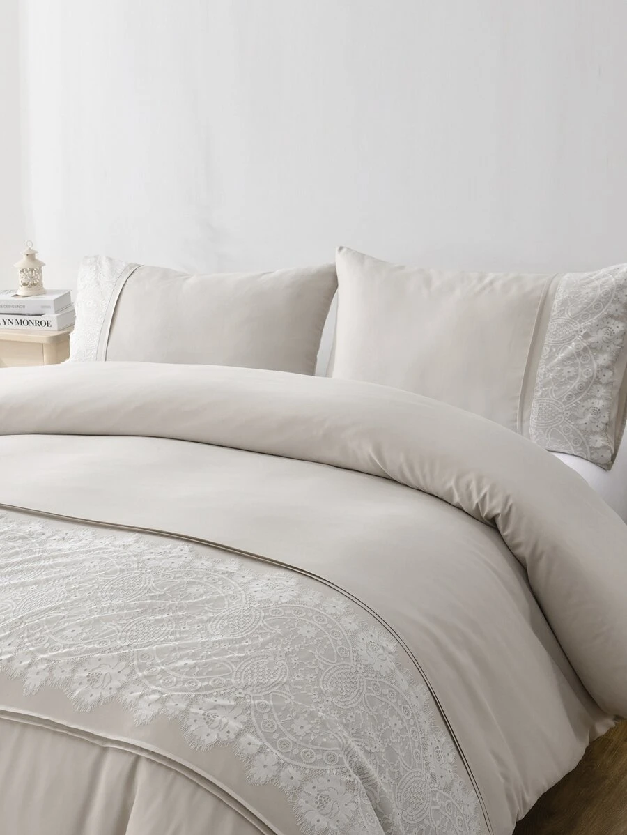 Lace Decor Duvet Cover Set Without Filler - Light Grey - View 1