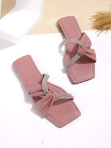 Women Rhinestone & Twist Decor Slide Sandals, Fashionable Open Toe Flat Sandals - Dusty Pink - View 5