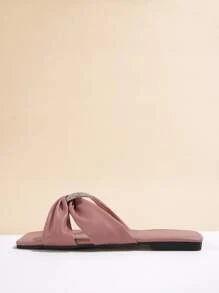 Women Rhinestone & Twist Decor Slide Sandals, Fashionable Open Toe Flat Sandals - Dusty Pink - View 6