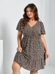 SHEIN Frenchy Plus Ditsy Floral Print Butterfly Sleeve Ruffle Hem Dress - Multicolor - View 4