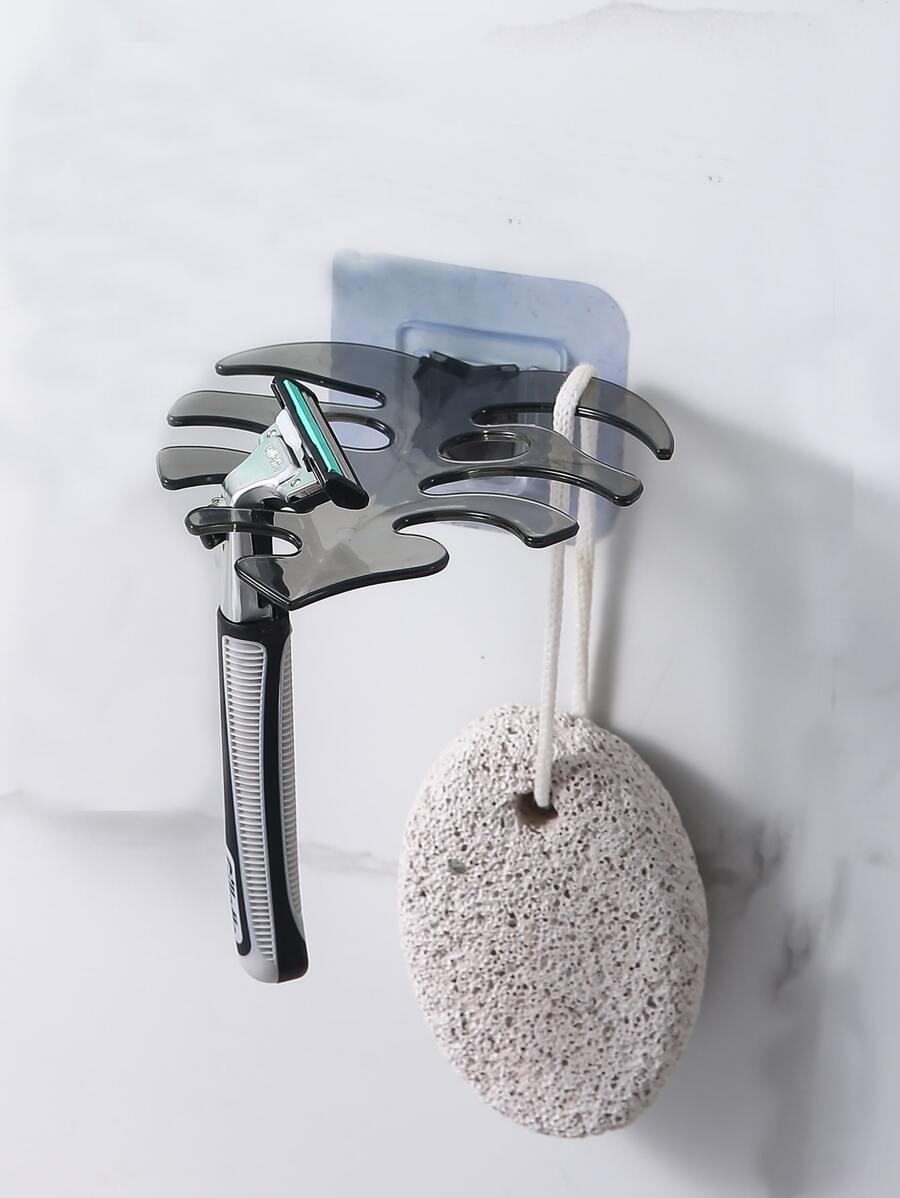 1pc Self Adhesive Toothbrush Holder, Creative Palm Leaf Design Bathroom Storage Rack For Shaver - Dark Grey - View 1