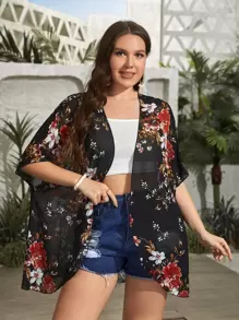SHEIN Swim Lushore Summer Beach Plus Floral Print Batwing Sleeve Chiffon Kimono - Multicolor - View 1