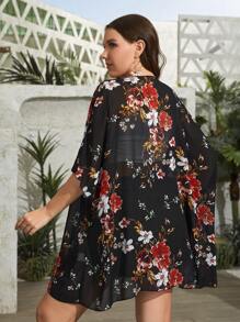 SHEIN Swim Lushore Summer Beach Plus Floral Print Batwing Sleeve Chiffon Kimono - Multicolor - View 2