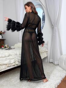 Fuzzy Cuff Belted Mesh Sleep Robe Without Lingerie Set - Black - View 2