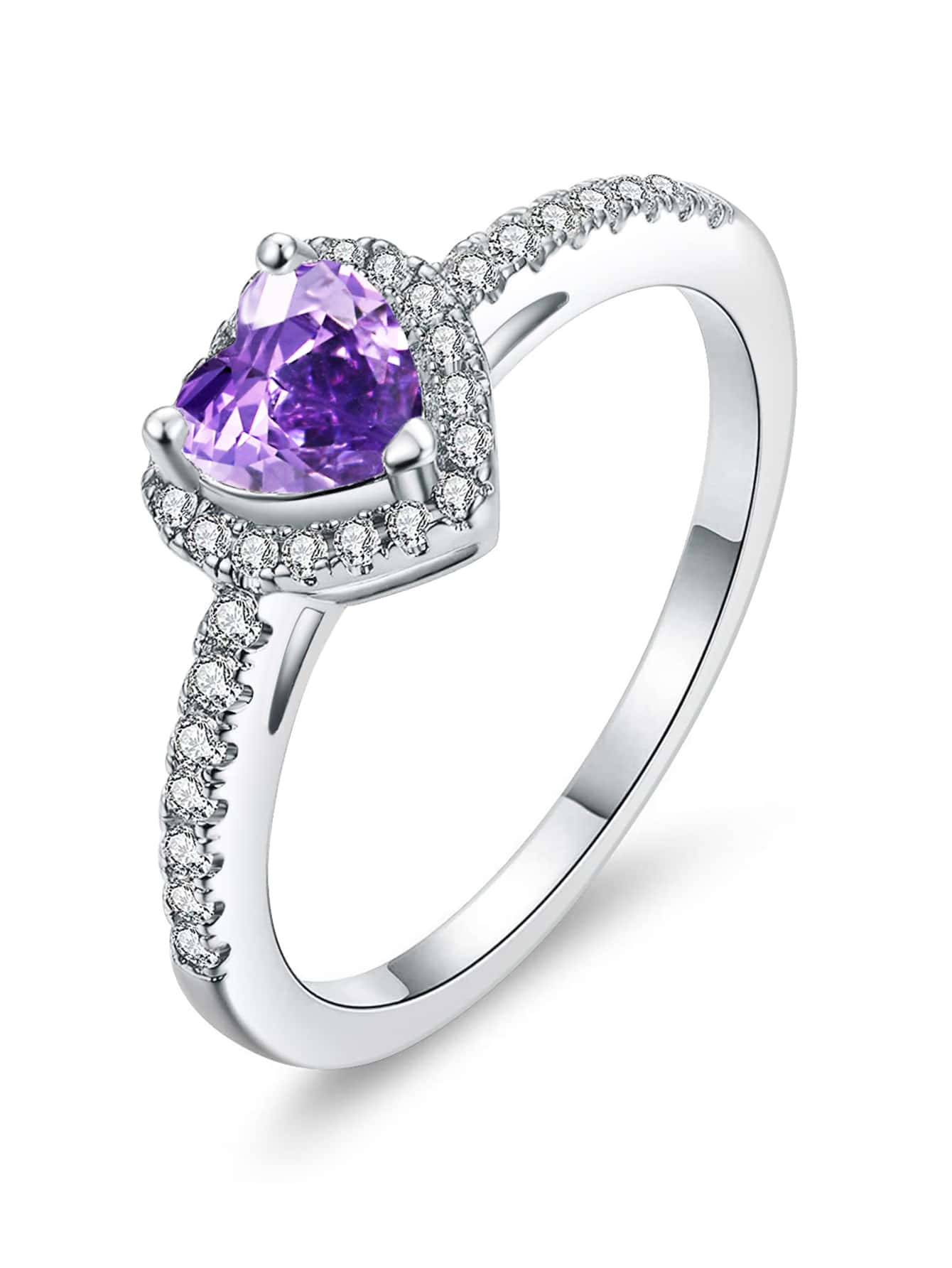 1pc Fashionable Heart Shaped Cubic Zirconia & Copper Ring, Suitable For Party And As A Gift For Girlfriend - Purple - View 1