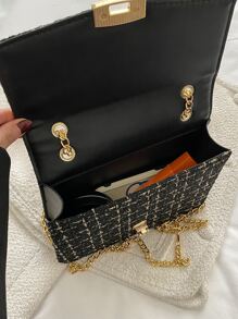 格紋圖案鏈條翻蓋方包 - 黑色 - 查看 4