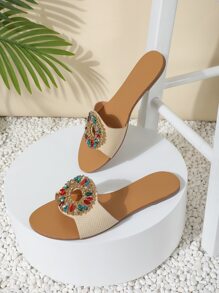 Women Rhinestone Decor Cut Out Slide Sandals, Glamorous Open Toe Flat Sandals - Apricot - View 2