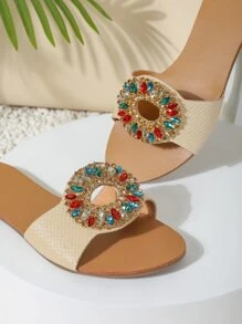 Women Rhinestone Decor Cut Out Slide Sandals, Glamorous Open Toe Flat Sandals - Apricot - View 3