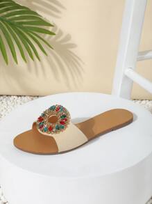 Women Rhinestone Decor Cut Out Slide Sandals, Glamorous Open Toe Flat Sandals - Apricot - View 4