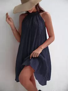 SHEIN VCAY 褶皺細節繞頸連衣裙 - 藏蓝色 - 查看 1