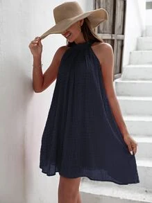 SHEIN VCAY 褶皺細節繞頸連衣裙 - 藏蓝色 - 查看 3