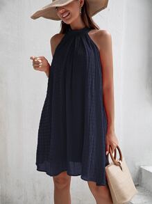 SHEIN VCAY 褶皺細節繞頸連衣裙 - 藏蓝色 - 查看 5