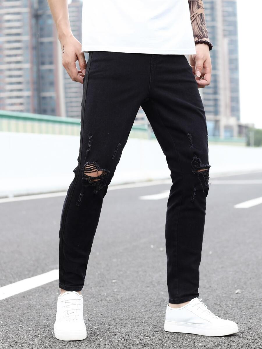 Manfinity Men Ripped Skinny Jeans - Black - View 1