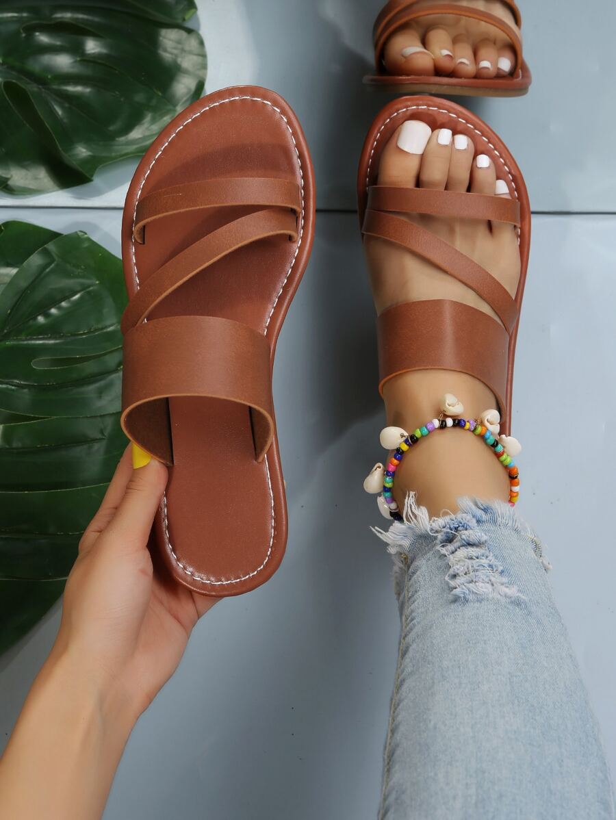 Minimalist Strap Slide Sandals - Brown - View 1