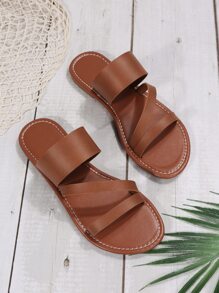 Minimalist Strap Slide Sandals - Brown - View 5