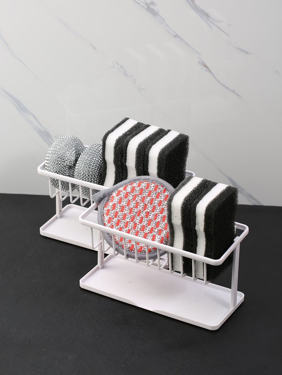 1pc Kitchen Sink Organizer Rack With 2-Tier Draining Shelf For Sponges - White - View 1
