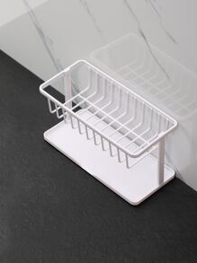 1pc Kitchen Sink Organizer Rack With 2-Tier Draining Shelf For Sponges - White - View 3