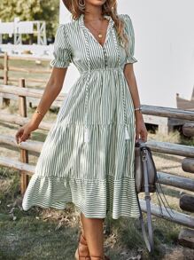 SHEIN VCAY Vertical Striped Flounce Sleeve Tassel Tie Neck Ruffle Hem Dress - Mint Green - View 1