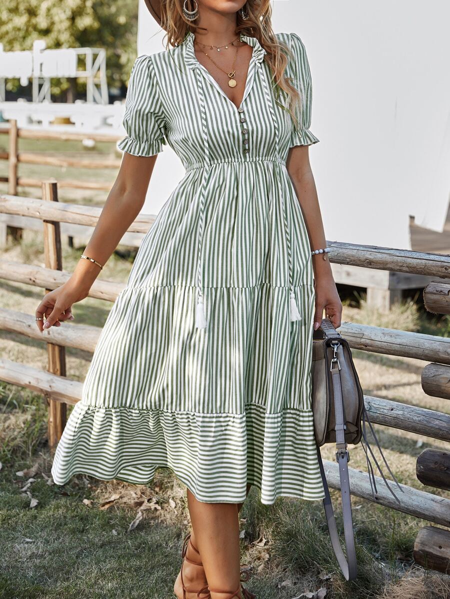 SHEIN VCAY Vertical Striped Flounce Sleeve Tassel Tie Neck Ruffle Hem Dress - Mint Green - View 1