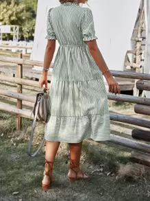 SHEIN VCAY Vertical Striped Flounce Sleeve Tassel Tie Neck Ruffle Hem Dress - Mint Green - View 2