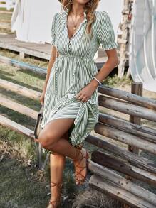 SHEIN VCAY Vertical Striped Flounce Sleeve Tassel Tie Neck Ruffle Hem Dress - Mint Green - View 3