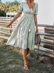 SHEIN VCAY Vertical Striped Flounce Sleeve Tassel Tie Neck Ruffle Hem Dress - Mint Green - View 4