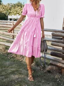 SHEIN Holidaya 條紋印花泡泡袖荷葉邊連衣裙 - 粉色 - 查看 4