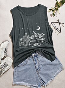 SHEIN LUNE Camiseta sin mangas con estampado de cactus y luna para mujeres - Gris Oscuro - Ver 1