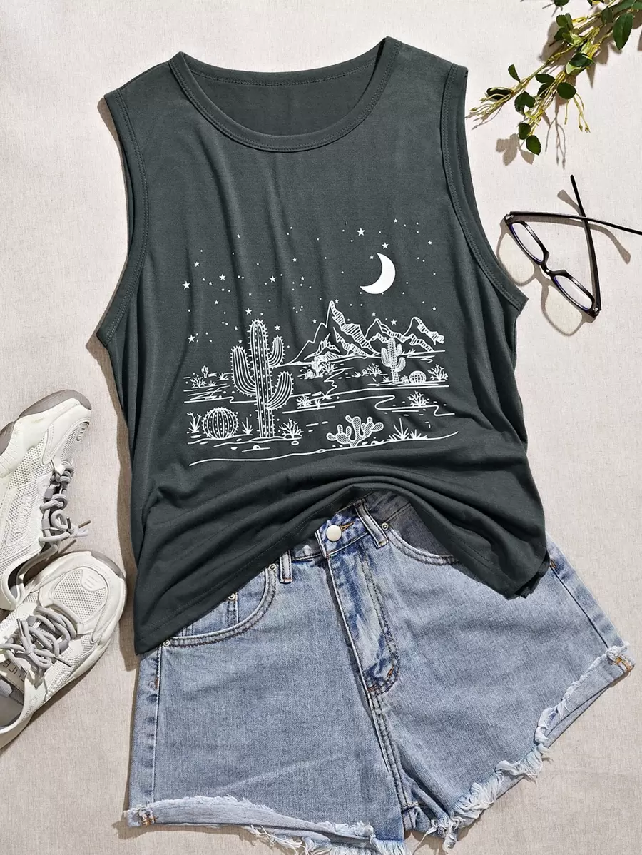 SHEIN LUNE Camiseta sin mangas con estampado de cactus y luna para mujeres - Gris Oscuro - Ver 1
