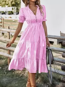 SHEIN VCAY Vestido Con Manga De Volantes Con Borlas, Cuello Con Lazo Y Dobladillo De Volantes A Rayas Verticales - Rojo y blanco - Ver 4