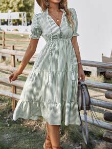 SHEIN VCAY Vertical Striped Flounce Sleeve Tassel Tie Neck Ruffle Hem Dress - Mint Green - View 6