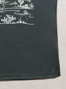 SHEIN LUNE Camiseta sin mangas con estampado de cactus y luna para mujeres - Gris Oscuro - Ver 3