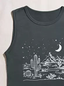 SHEIN LUNE Camiseta sin mangas con estampado de cactus y luna para mujeres - Gris Oscuro - Ver 4
