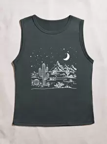 SHEIN LUNE Camiseta sin mangas con estampado de cactus y luna para mujeres - Gris Oscuro - Ver 5