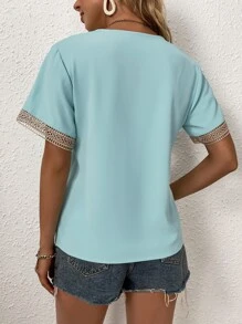 SHEIN LUNE Áo sơ mi nữ Tương phản ren Khối Màu Giải trí - Màu xanh bạc hà - Xem 2