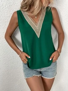 SHEIN LUNE Guipure Lace Panel Blouse - Green - View 5