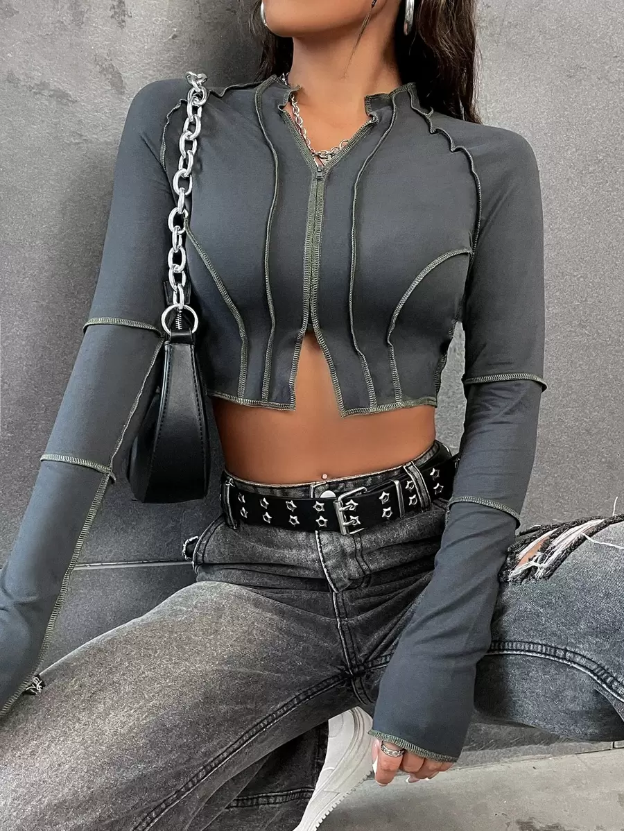 SHEIN Unity Top-Stitching Raglan Sleeve Zipper Crop Tee Fall Cloth For Women - Dark Grey - View 1