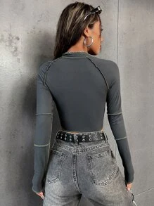 SHEIN Unity Top-Stitching Raglan Sleeve Zipper Crop Tee Fall Cloth For Women - Dark Grey - View 2