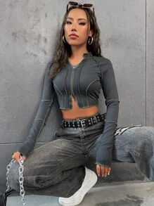 SHEIN Unity Top-Stitching Raglan Sleeve Zipper Crop Tee Fall Cloth For Women - Dark Grey - View 5