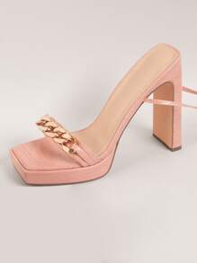 Chain Detail Wrap Around Lace Up Heeled Sandals - Dusty Pink - View 2