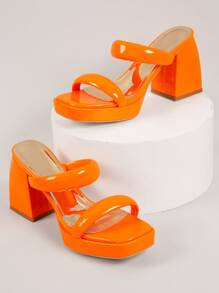 Fashionable Party Orange Elevated High Heels For Women, Twin Strap Artificial Leather Open Toe Platform Chunky Heeled Sandals - Orange - View 4