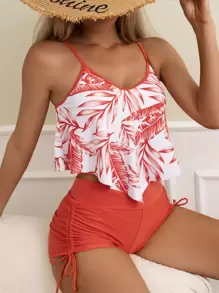 Swim Lushoire Summer Beach Random Tropical Print Tankini Set Hanky Hem Cami Top & Drawstring Boxer Shorts 2 Pieces Swimwear - Orange - View 3