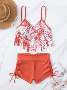 Swim Lushoire Summer Beach Random Tropical Print Tankini Set Hanky Hem Cami Top & Drawstring Boxer Shorts 2 Pieces Swimwear - Orange - View 6