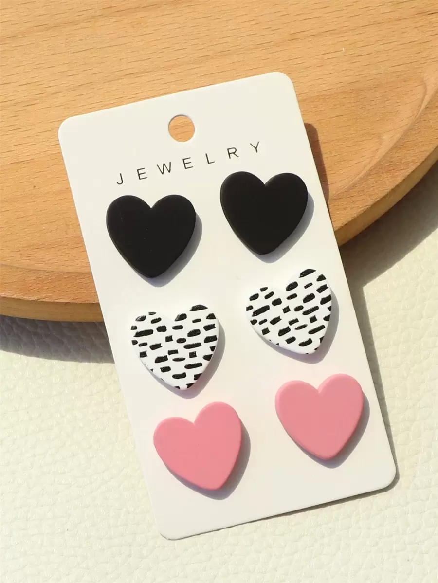 3 pares Pendientes de botón con corazón - Multicolor - Ver 1
