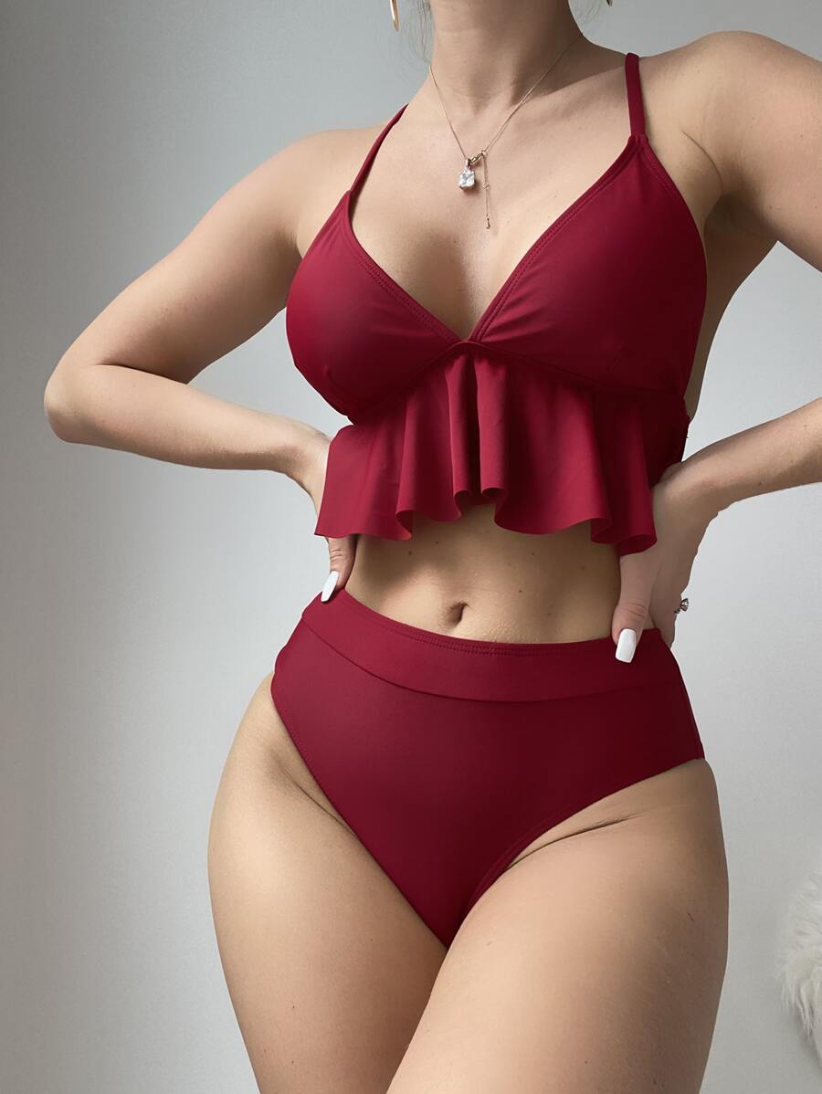 SHEIN Swim Summer Beach Plain Ruffle Hem Bikini - Maroon - View 1