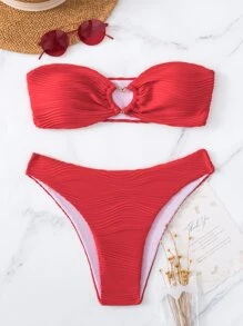SHEIN Swim 夏季海灘心形環細節紋理管型高腰比基尼 - 紅色 - 查看 3