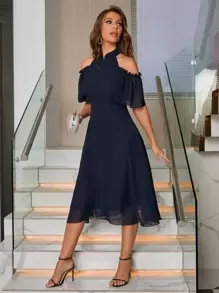 SHEIN Privé Cold Shoulder Frill Trim Chiffon Dress - Navy Blue - View 1