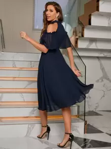 SHEIN Privé Cold Shoulder Frill Trim Chiffon Dress - Navy Blue - View 2