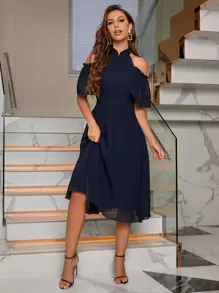 SHEIN Privé Cold Shoulder Frill Trim Chiffon Dress - Navy Blue - View 4